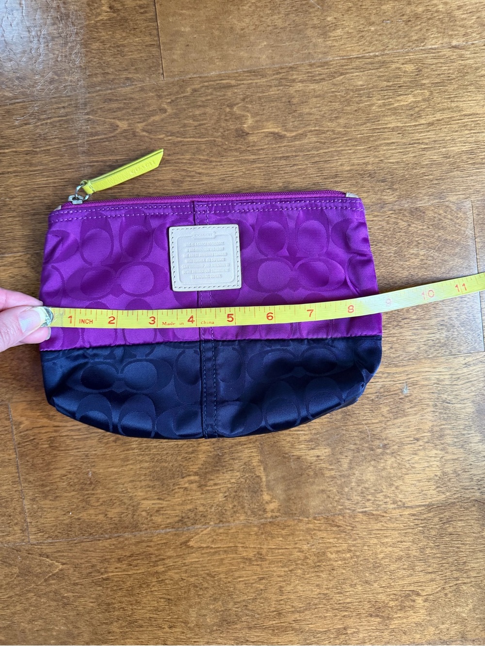 Coach Two-Tone Satin Logo Cosmetic Pouch in Purple, Navy & Neon Yellow - Picture 9 of 11